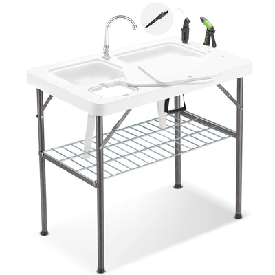 Avocahom 37" Folding Fish Cleaning Table Portable Camping Sink Table w/Dual Water Basins, Faucet Drainage Hose & Sprayer Outdoor Fish Fillet Cleaning Station w/Knife