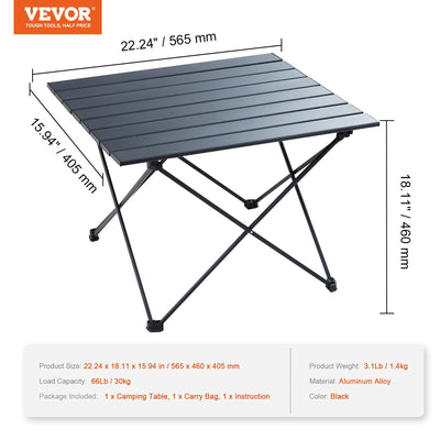 VEVOR Outdoor Folding Camping Side Table, Aluminum Alloy Ultra Compact Portable Lightweight with Carry Bag, for Cooking, Beach, Picnic, Travel, Hiking, Backpacking, 22 x16 inch, Black