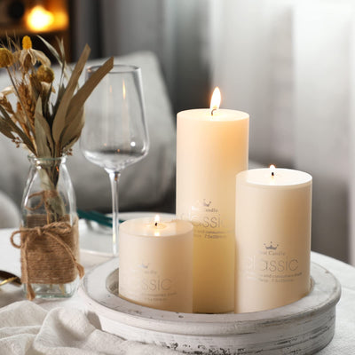 Set of 12 Poured Pillar Candle 3"x 4", 6", 8" Dripless Unscented Candles Long Clean Burning Rustic Country Style Ideal for Wedding, Home Decor, Relaxation and Other Occasions (Ivory White)