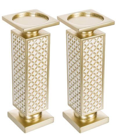 Schonwerk Diamond Lattice Decorative Pillar Candle Holders, Set of 2- Functional Table Decorations- Centerpieces for Dining/Living Room- Best Wedding/Birthday (Gold & White)