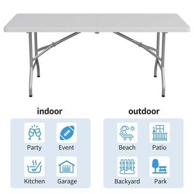 6ft Plastic Folding Table, Outdoor Indoor Portable for Camping, Party, Picnic w/Handle, Lock - White