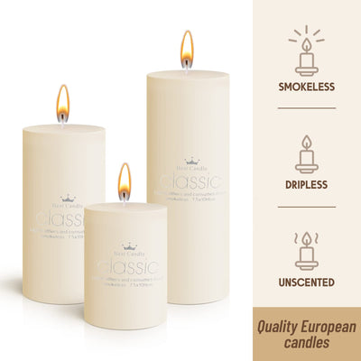 Set of 12 Poured Pillar Candle 3"x 4", 6", 8" Dripless Unscented Candles Long Clean Burning Rustic Country Style Ideal for Wedding, Home Decor, Relaxation and Other Occasions (Ivory White)