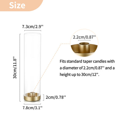 NUPTIO Gold Taper Candle Holders: 2 Pcs Hurricane Metal Candlestick Holder Stand with 11.81 inch Tall Clear Glass Open Ended Cylinder Covers for Tapered Candles Wedding Party Centerpieces for Tables