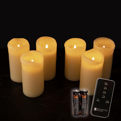 Set of 6 Ivory Real Melted Wax 3x6 Flameless LED Pillar Candles with Timer Remote and Batteries