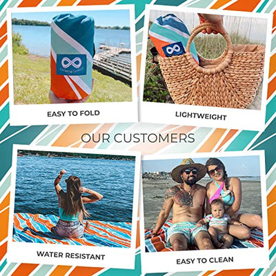Everlasting Comfort Beach Blanket Waterproof Sandproof - Large Oversized Sand Free Beach Mat Fits Up to 10 People w/Stakes, Storage Bag - Essentials for Beach, Picnic, Concert