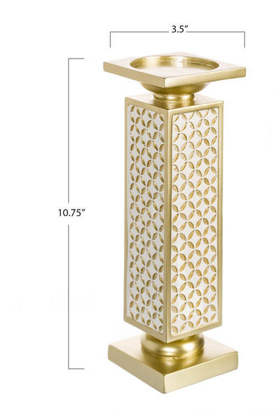 Schonwerk Diamond Lattice Decorative Pillar Candle Holders, Set of 2- Functional Table Decorations- Centerpieces for Dining/Living Room- Best Wedding/Birthday (Gold & White)