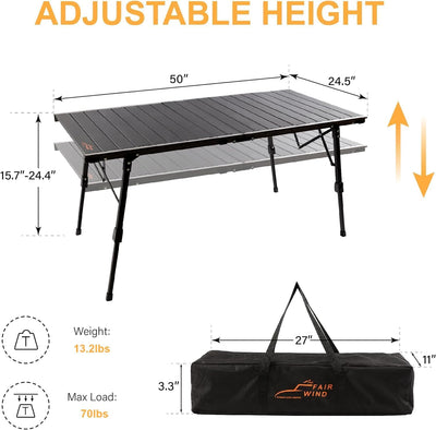 FAIR WIND Outdoor Folding Portable Lightweight Camping Table Aluminum Roll - Up Table with Adjustable Height, 50'' Length Camp Table with Carry Bag, Support 70 LBS…