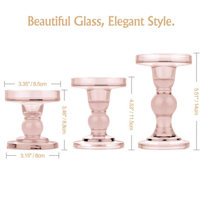Lewondr Glass Candle Holders, 3 Pieces Crystal Clear Candlesticks with Elegant Design for Pillar Taper Candle and Tea Light, Home Table Living Room Wedding Party Decorations Home Décor - Pink