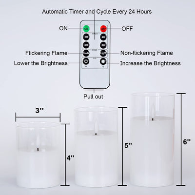 Amagic Clear Glass Flameless Candles Battery Operated with Timer, Remote Control, LED Pillar Candles Battery Powered, Pure White Wax, D3 H4 5" 6", Set of 3