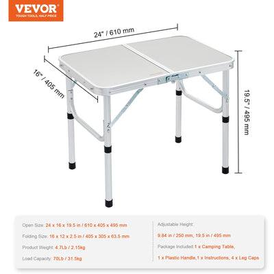 VEVOR Small Folding Camping Table, Adjustable Height Aluminum MDF Outdoor Portable Lightweight for Cooking, Beach, Picnic, Travel, 24 x16 inch, Silver