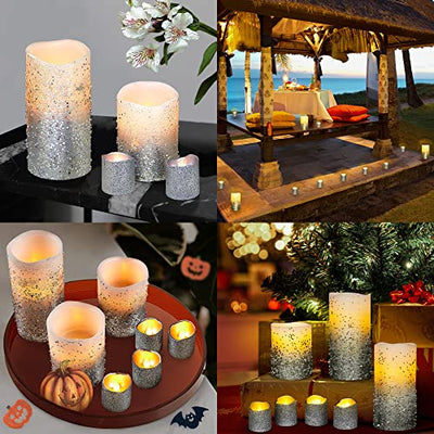 Furora LIGHTING Silver Glitter LED Candles with Remote and Timer, 4 Pillars and 4 Votives Pack of 8, Real Wax Flameless Flickering Candles for Home Décor, Battery Included