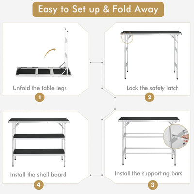 COSTWAY Folding Picnic Camping Table, Portable Lightweight Aluminum Table with Carry Bag, Food Prep Station with 2 Shelves, Quick Set-up, Outdoor Camping Table for BBQ, Party, Backyard (Black)