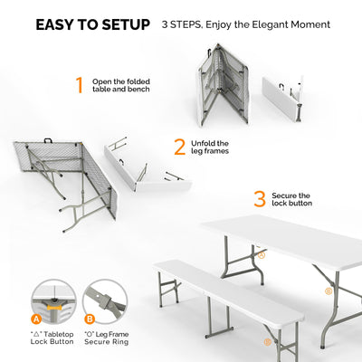 VINGLI Picnic Table Set with 2 Benches, 6 Feet Camping Table Chair Set,3-Piece Folding Furniture for Indoor or Outdoor Use, Smooth Tabletop, White