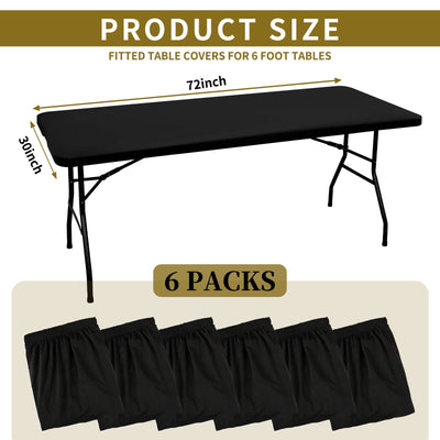 6 Pack Stretch Fabric Table Top Cap Cover, fits 6' Tables, Spandex Table Covers Washable Elastic Universal Rectangle Tablecloth Protector for Indoor Outdoor Party Picnic Wedding, Black, 30" W x 72" L
