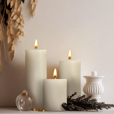 MTLEE Ribbed Pillar Candles Set of 3, Width 3" High 4" 6" 8" Large Scented Pillar Candles Decorative Aesthetic Candles Modern Home Decor(Cream)