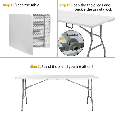 Byliable Folding Table 6ft Portable Heavy Duty Plastic Fold-in-Half Utility Foldable Table Plastic Dining Table Indoor Outdoor for Camping, Picnic and Party, White