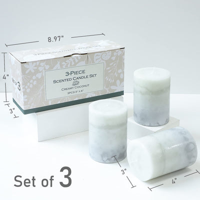 Set of 3 Scented Pillar Candles Creamy Coconut Scented Candles 3 x 4 Long-Lasting Candles Scented White Candles Palette Pillar Candles Clean Burning No Drip Candles Gift for Home Party Decor