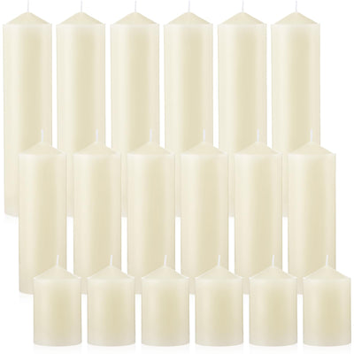 MTLEE 18 Pcs Set of 3 Pillar Candles Ivory Pillar Candle Bulk 2 in x 3, 6, 8 Long Burning Candles Clean Unscented Smokeless Pillar Candles for Wedding Emergency Lanterns Vigil Ceremony Party(White)