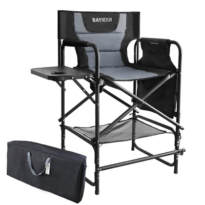 BAYIEIUI Tall Folding Directors Chair with Side Table 26.77" Seat Height Portable Camping Makeup Artist Bar Chair with Footrest and Carrying Bag 350 Ibs Weight Capacity Black