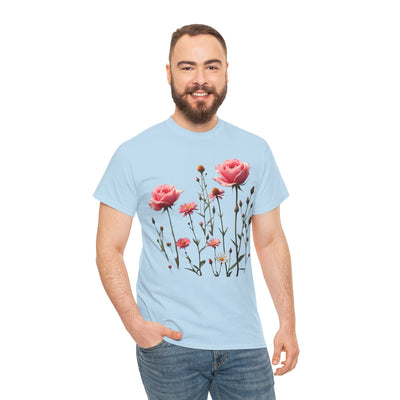 Wildflowers and Pink Roses, Graphic T-Shirts for Women, Floral Shirt, Womens Short Sleeve, Ladies Graphic Tees #5018TTS