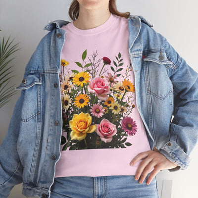 Wildflowers and Pink & Yellow Roses, Graphic T-Shirts for Women, Floral Shirt, Womens Short Sleeve, Ladies Graphic Tees #5150TTS