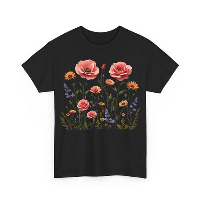 Wildflowers and Pink Roses, Graphic T-Shirts for Women, Floral Shirt, Womens Short Sleeve, Ladies Graphic Tees #5015TTS