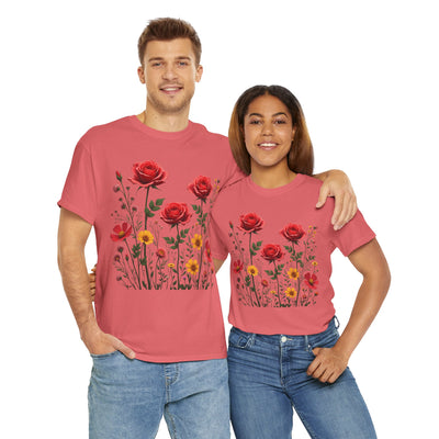 Wildflowers and Red Roses, Graphic T-Shirts for Women, Floral Shirt, Womens Short Sleeve, Ladies Graphic Tees #5034TTS