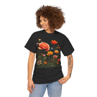 Wildflowers and Orange Roses, Graphic T-Shirts for Women, Floral Shirt, Womens Short Sleeve, Ladies Graphic Tees #5044TTS