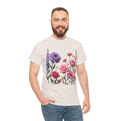Wildflowers and Pink/Violet Roses, Graphic T-Shirts for Women, Floral Shirt, Womens Short Sleeve, Ladies Graphic Tees #5100TTS