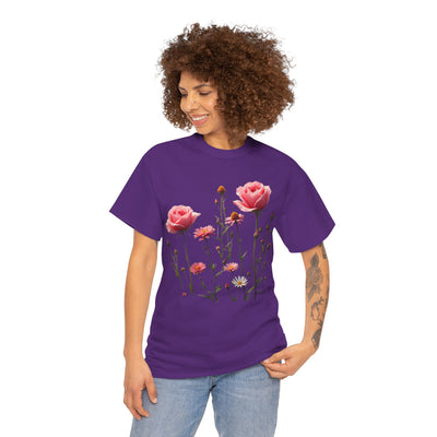 Wildflowers and Pink Roses, Graphic T-Shirts for Women, Floral Shirt, Womens Short Sleeve, Ladies Graphic Tees #5018TTS