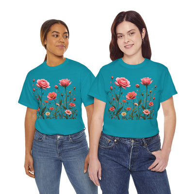 Wildflowers and Pink Roses, Graphic T-Shirts for Women, Floral Shirt, Womens Short Sleeve, Ladies Graphic Tees #5022TTS