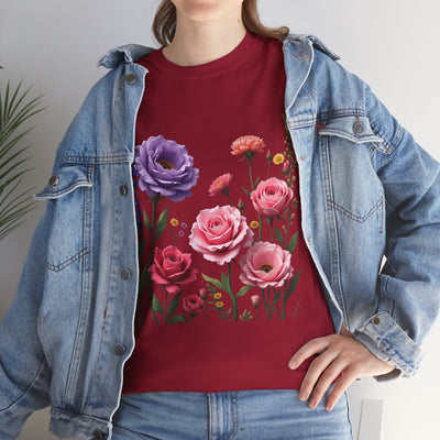 Wildflowers and Pink/Violet Roses, Graphic T-Shirts for Women, Floral Shirt, Womens Short Sleeve, Ladies Graphic Tees #5100TTS