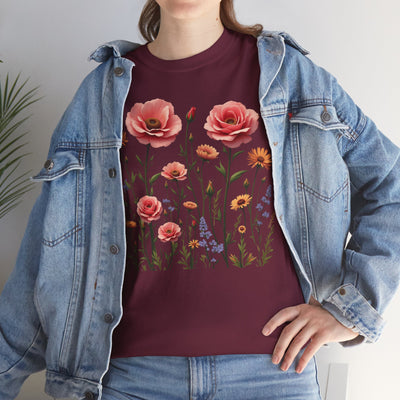 Wildflowers and Pink Roses, Graphic T-Shirts for Women, Floral Shirt, Womens Short Sleeve, Ladies Graphic Tees #5015TTS