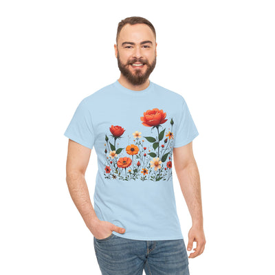 Wildflowers and Orange Roses, Graphic T-Shirts for Women, Floral Shirt, Womens Short Sleeve, Ladies Graphic Tees #5043TTS