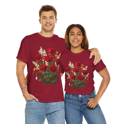 Wildflowers and Red Roses, Graphic T-Shirts for Women, Floral Shirt, Womens Short Sleeve, Ladies Graphic Tees #5128TTS