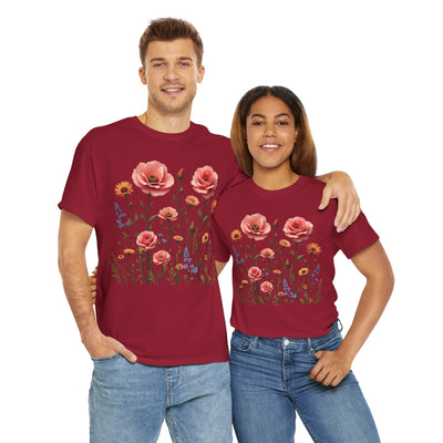 Wildflowers and Pink Roses, Graphic T-Shirts for Women, Floral Shirt, Womens Short Sleeve, Ladies Graphic Tees #5015TTS
