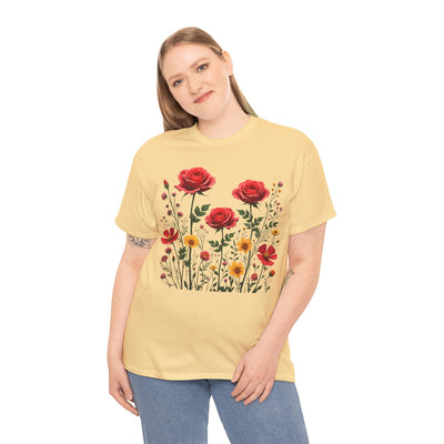 Wildflowers and Red Roses, Graphic T-Shirts for Women, Floral Shirt, Womens Short Sleeve, Ladies Graphic Tees #5034TTS