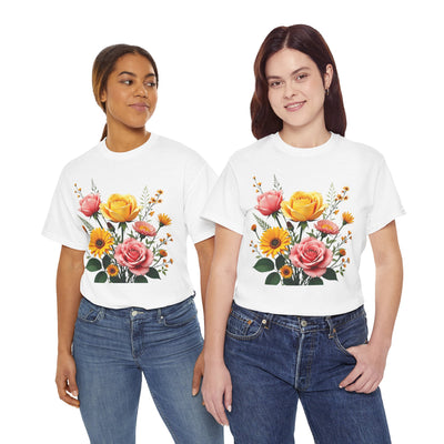 Wildflowers and Pink & Yellow Roses, Graphic T-Shirts for Women, Floral Shirt, Womens Short Sleeve, Ladies Graphic Tees #5146TTS