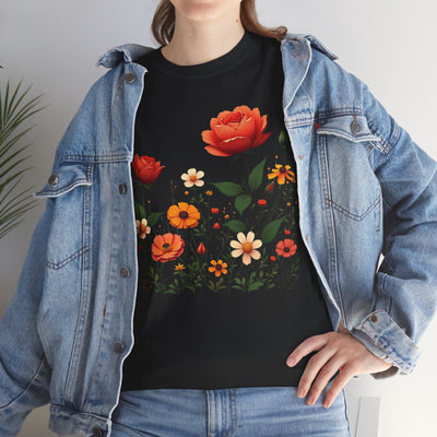 Wildflowers and Orange Roses, Graphic T-Shirts for Women, Floral Shirt, Womens Short Sleeve, Ladies Graphic Tees #5043TTS