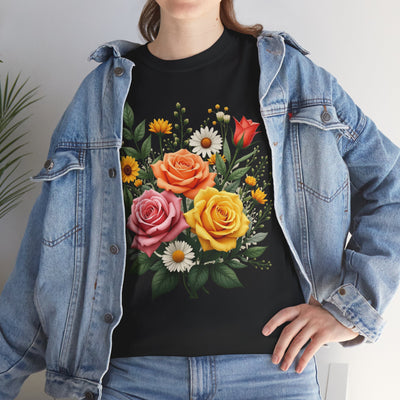 Wildflowers and Pink & Yellow Roses, Graphic T-Shirts for Women, Floral Shirt, Womens Short Sleeve, Ladies Graphic Tees #5144TTS