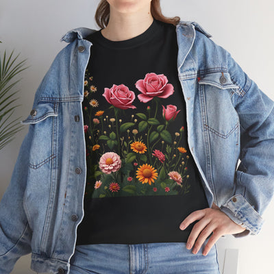 Wildflowers and Pink Roses, Graphic T-Shirts for Women, Floral Shirt, Womens Short Sleeve, Ladies Graphic Tees #5013TTS