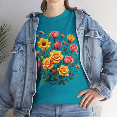 Wildflowers and Pink & Yellow Roses, Graphic T-Shirts for Women, Floral Shirt, Womens Short Sleeve, Ladies Graphic Tees #5139TTS