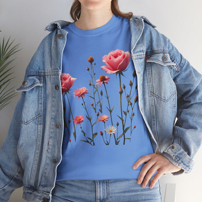 Wildflowers and Pink Roses, Graphic T-Shirts for Women, Floral Shirt, Womens Short Sleeve, Ladies Graphic Tees #5018TTS