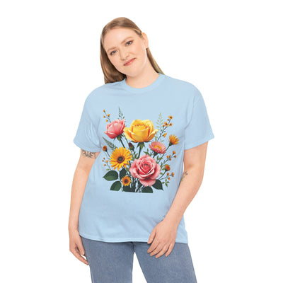 Wildflowers and Pink & Yellow Roses, Graphic T-Shirts for Women, Floral Shirt, Womens Short Sleeve, Ladies Graphic Tees #5146TTS