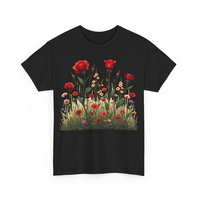 Wildflowers and Red Roses, Graphic T-Shirts for Women, Floral Shirt, Womens Short Sleeve, Ladies Graphic Tees #5032TTS