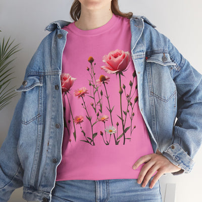 Wildflowers and Pink Roses, Graphic T-Shirts for Women, Floral Shirt, Womens Short Sleeve, Ladies Graphic Tees #5018TTS