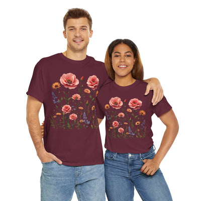 Wildflowers and Pink Roses, Graphic T-Shirts for Women, Floral Shirt, Womens Short Sleeve, Ladies Graphic Tees #5015TTS