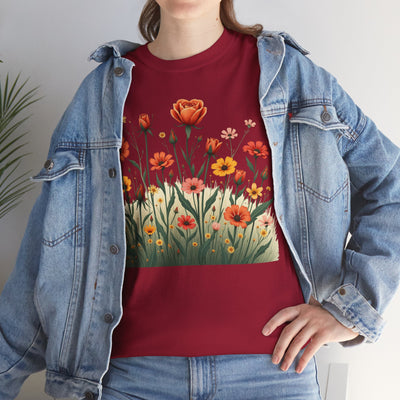 Wildflowers and Orange Roses, Graphic T-Shirts for Women, Floral Shirt, Womens Short Sleeve, Ladies Graphic Tees #5047TTS