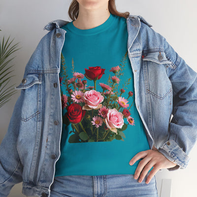 Wildflowers and Red & Pink Roses, Graphic T-Shirts for Women, Floral Shirt, Womens Short Sleeve, Ladies Graphic Tees #5132TTS