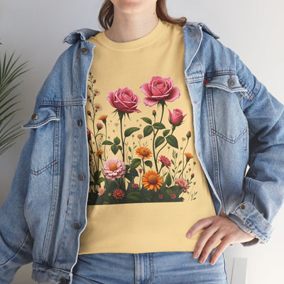 Wildflowers and Pink Roses, Graphic T-Shirts for Women, Floral Shirt, Womens Short Sleeve, Ladies Graphic Tees #5013TTS
